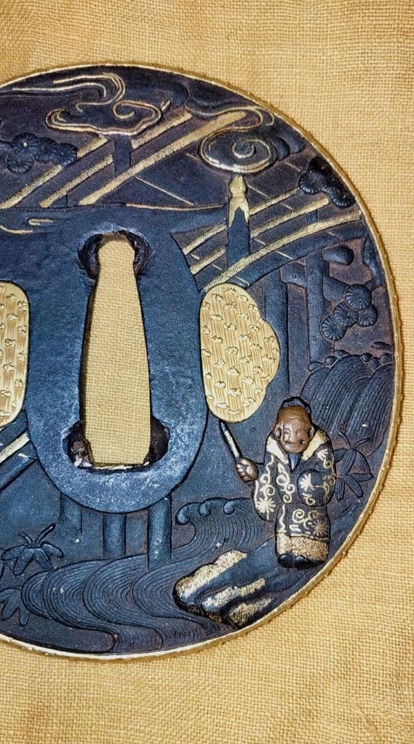 鉄鍔 鐔 (無銘宗典 橋袂賢人図) 江戸時代 金覆輪 金埋金 箱付き - メルカリ