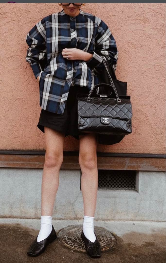 マチャット ネイビー チェック柄 オーバーブラウス FreeZone ブラウス シャツ チェック柄オーバーサイズ長袖シャツ