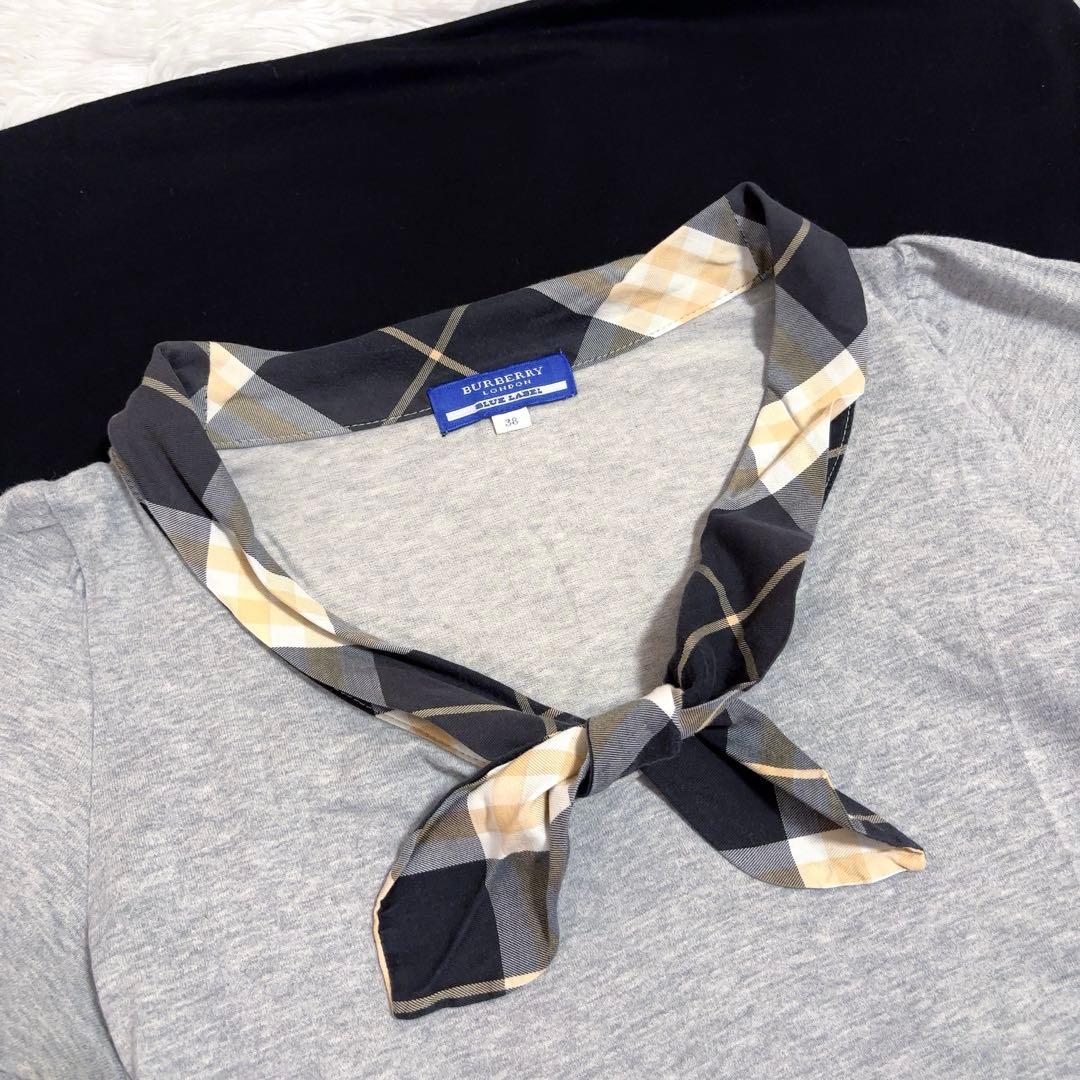 バーバリーブルーレーベル ボウタイブラウス ノバチェック ロゴ刺繍 38