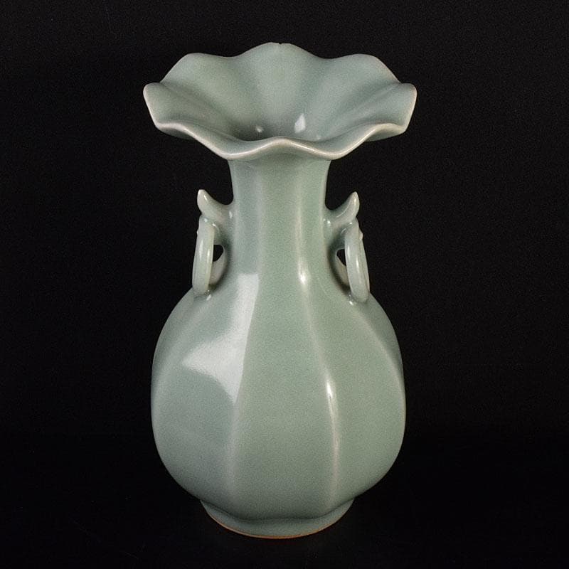 中国　龍泉窯　粉青釉　桔梗口双耳瓶　花入　C　6908