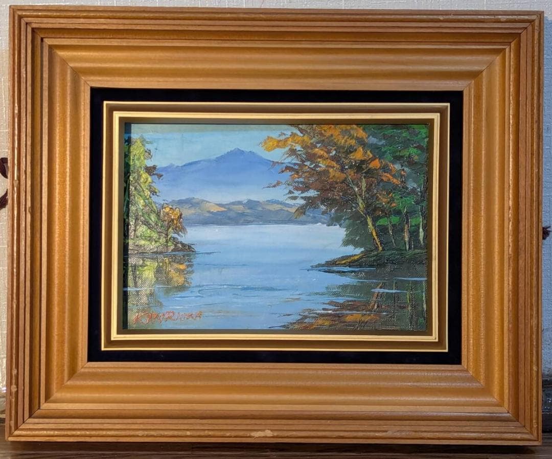 【真作】絵画　油彩SM　猪苗代　秋の彩りと山並み　静かな湖と紅葉の木々　Y195