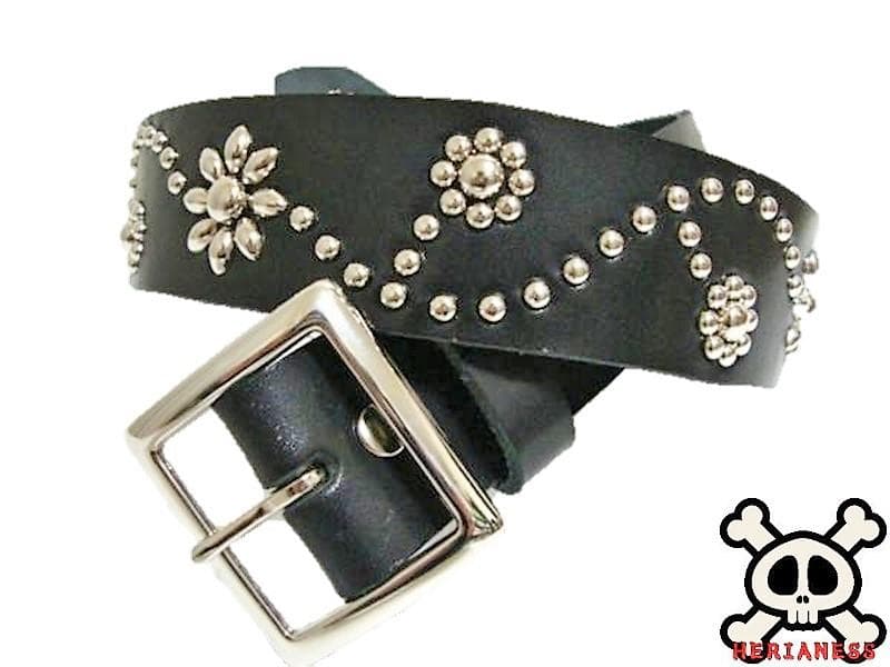 栃木レザー　フラワー型スタッズベルト　黒（ニッケルオンリー）一枚革