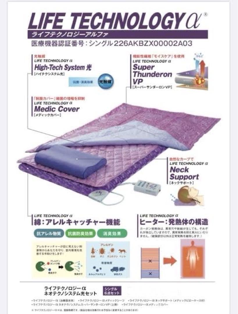 LIFE TECHNOLOGY α 4点フルセット　マットレス枕、掛布団、敷布団