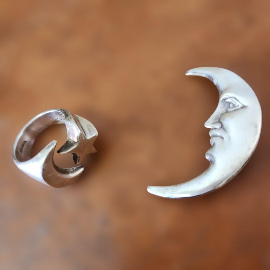 ヴィンテージシルバーアクセサリー　リング/ブローチ [星と月]