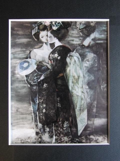 鶴岡義雄、月下三舞妓、希少画な集画、状態良好、新品高級額・額装付