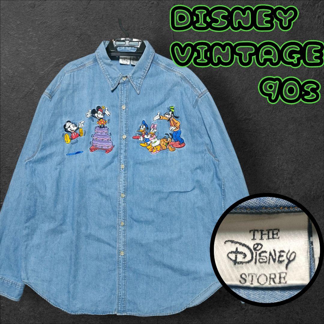 【90s香港製】ディズニー デニムシャツ 刺繍 ミッキー XL オールド古着 THE DISNEY STORE ディズニーストア 90年代 ミッキー＆フレンズ バック