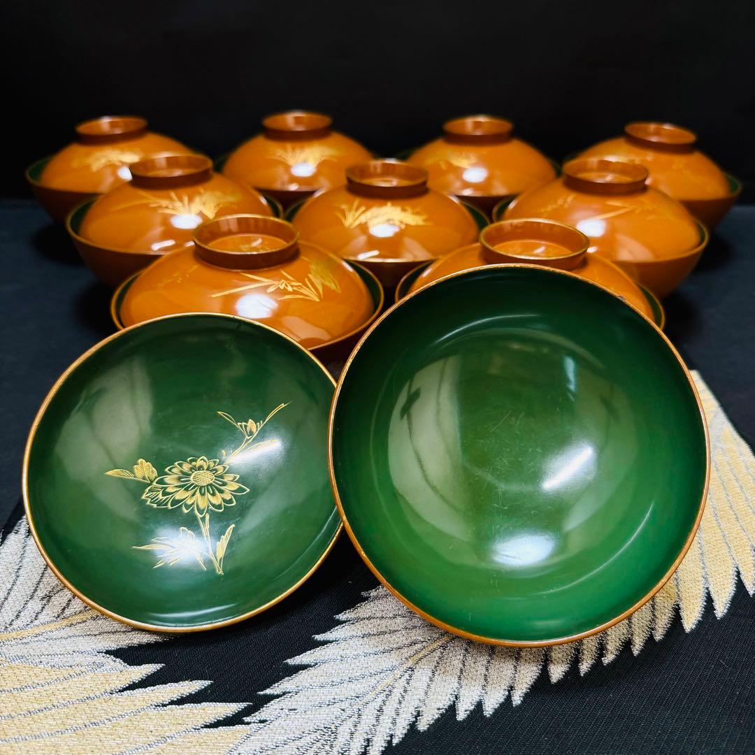 漆器　輪島塗　蒔絵金彩細工　沈金木製　蓋付椀　お煮物椀　吸物椀　10客　骨董品