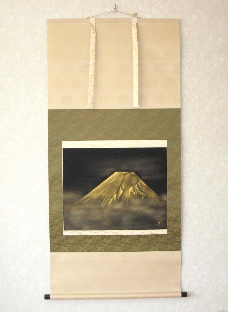 【真筆】掛け軸　富士之山◆長島博山　金泥使用 太巻仕様 共箱・タトウ箱付