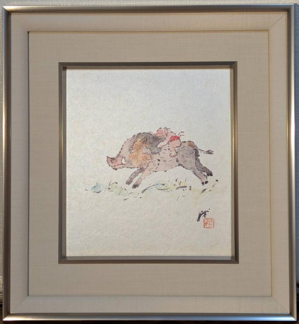 【真作】絵画　田澤茂　日本画（色紙）　金太郎と猪　墨彩ユーモア画　Y95
