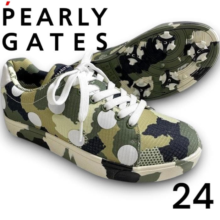 パーリーゲイツ ゴルフ 迷彩 ソフトスパイク ゴルフシューズ 定3.5万 24 超美品】パーリーゲイツ ゴルフシューズ カーキ×ベージュ カモフラ柄