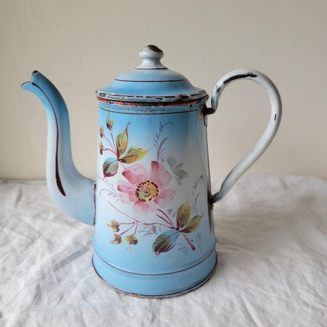 フランス　アンティーク　コーヒーポット　ホーロー　ブルー