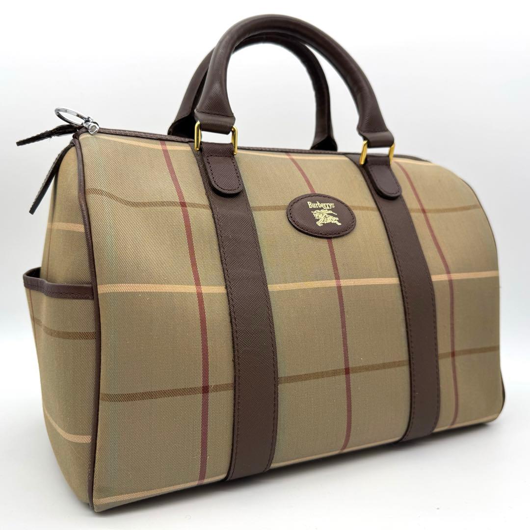 バーバリー ミニボストンバッグ ハンドバッグ トート レザー ファブリック 茶