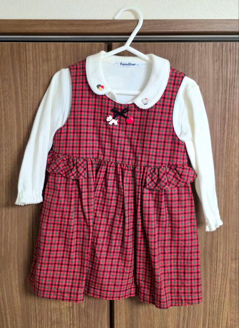familiar 赤 チェック柄 ワンピース