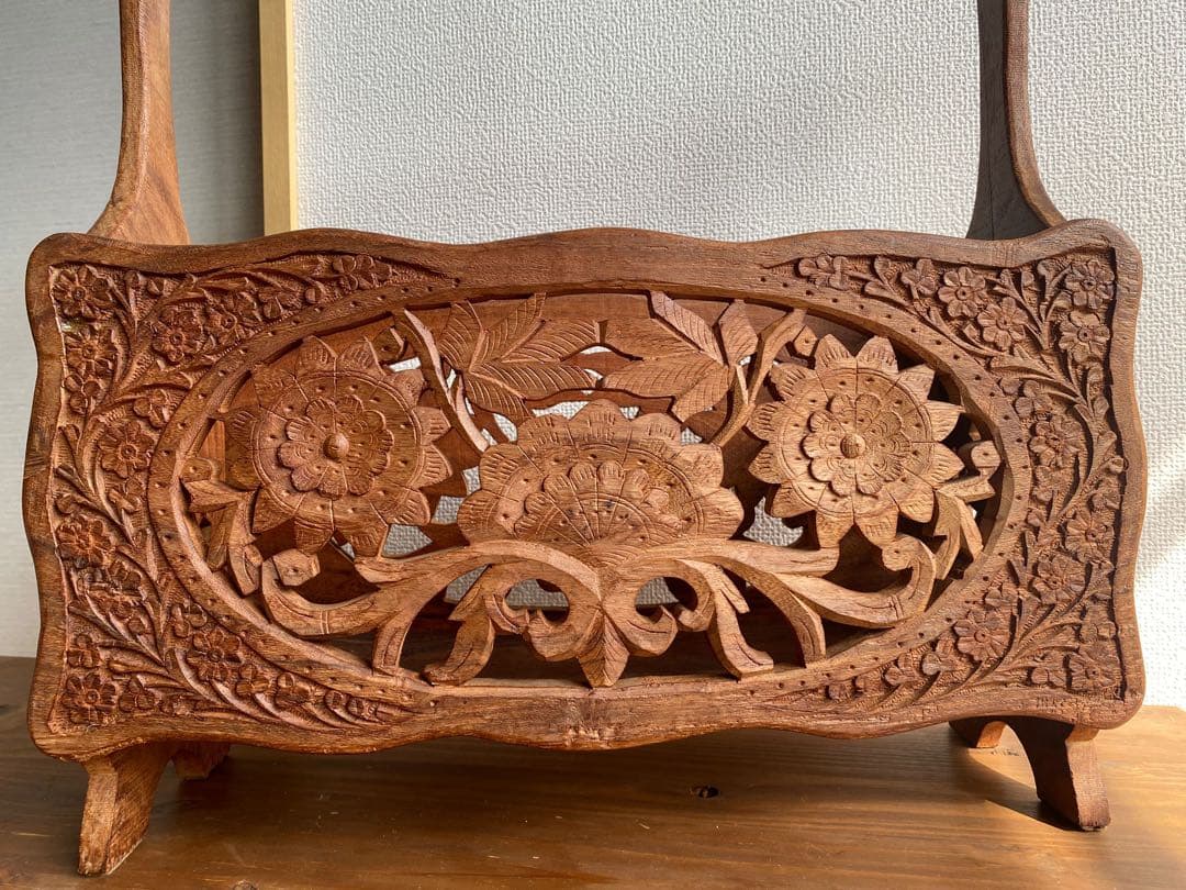 インド　アンティーク　木彫り　マガジンラック　天然木