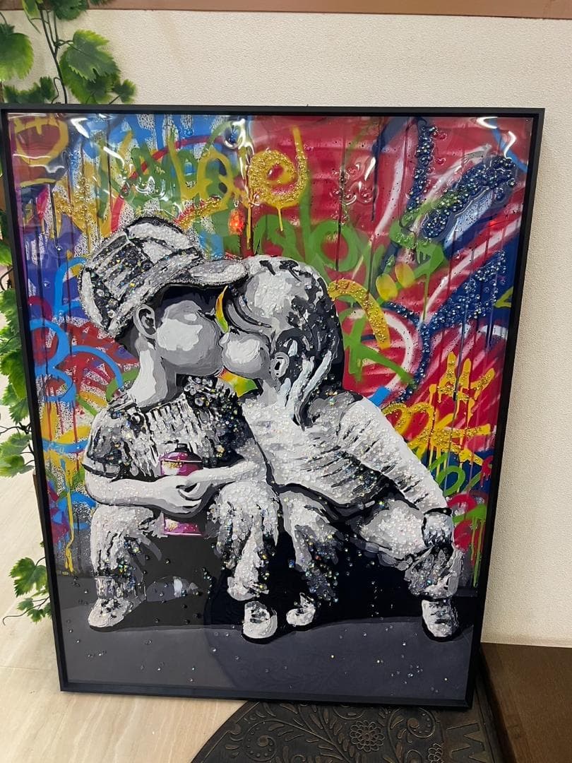 水晶絵　KISS　カラフル　ペイント　POP　アートパネル　クリスタル　絵画　絵