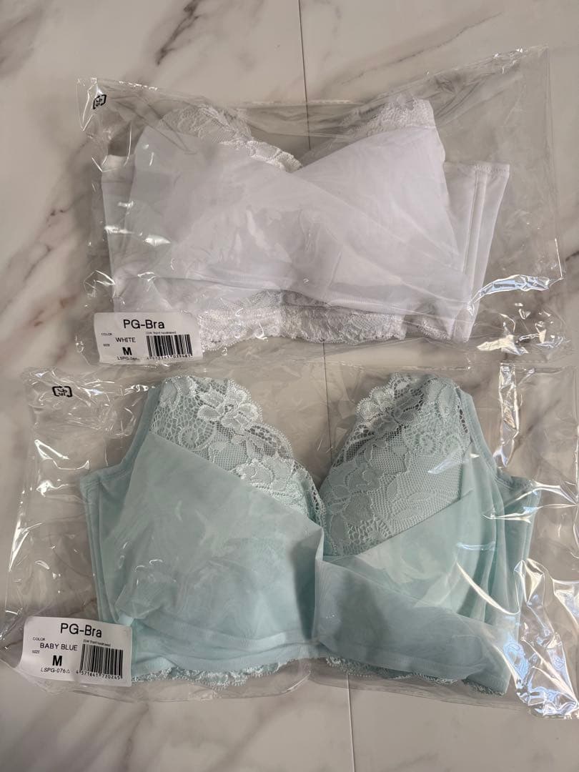 PGブラ(ソフトワイヤー)ホワイト＆ベイビーブルー Mサイズ