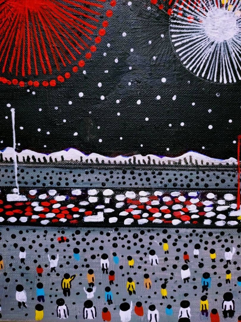 F6号】山下清【長岡の花火】手描き/表裏サイン・共シール有り/油彩