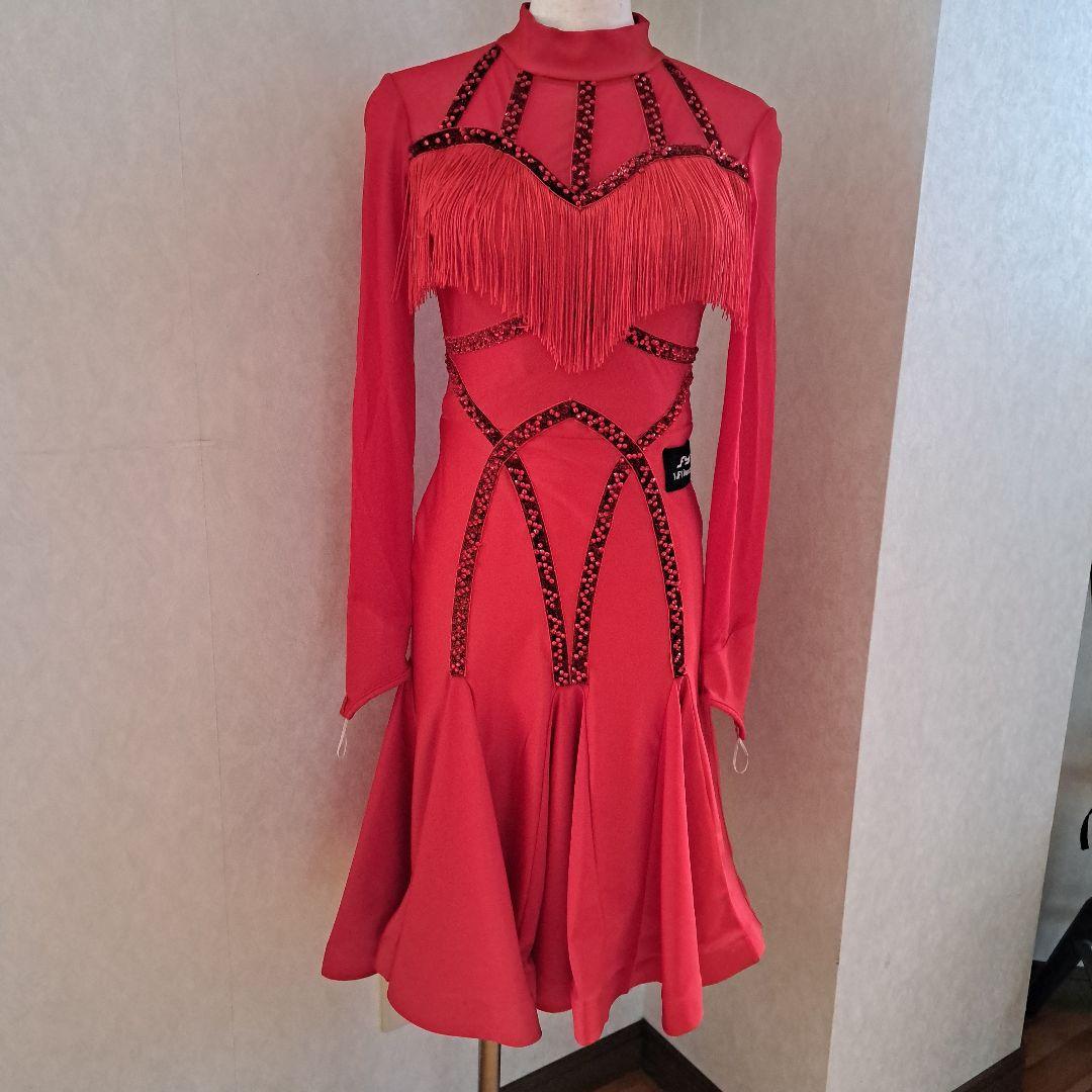 社交ダンス用赤ドレス フリンジ付き　M