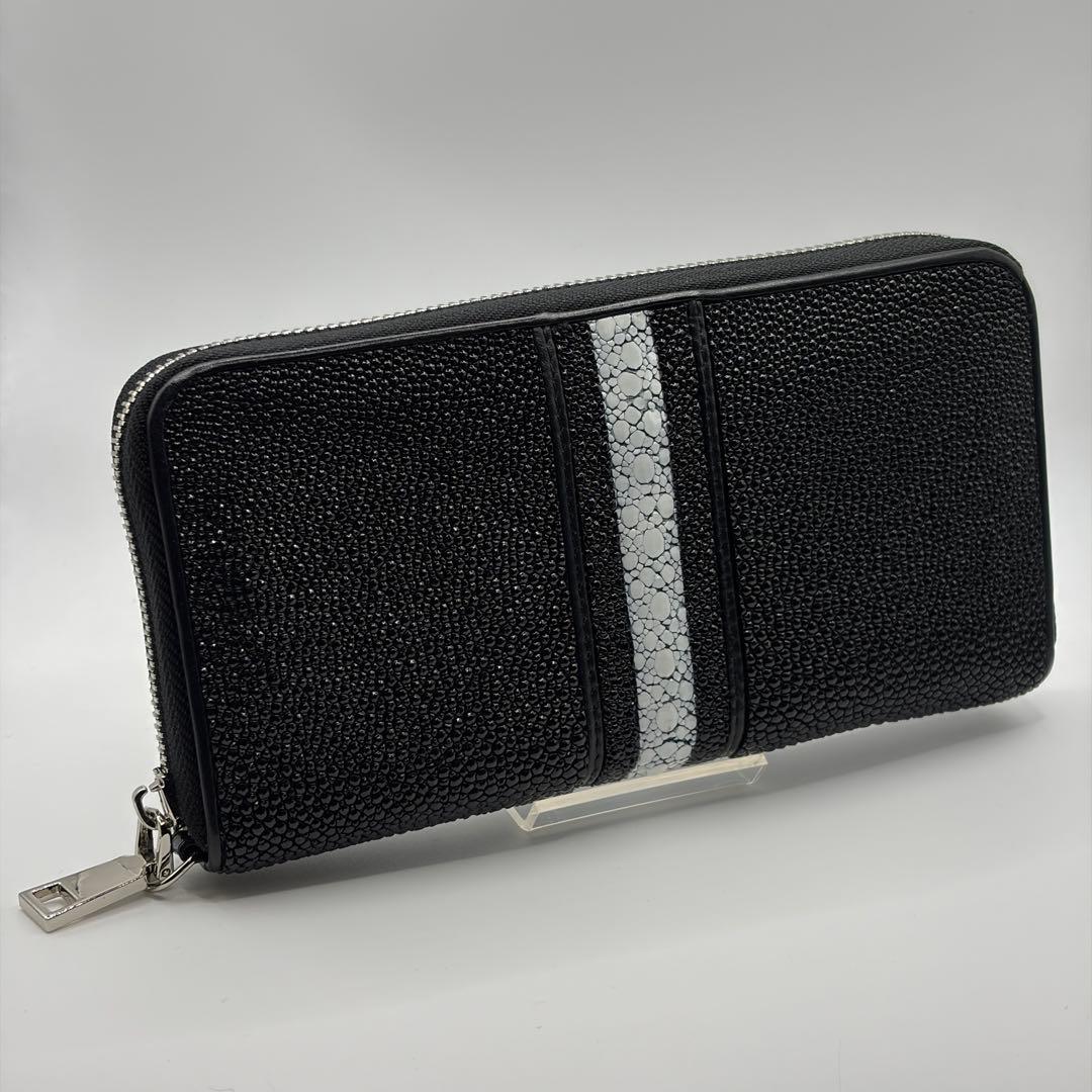 スティングレイ 連石 エイ 長財布 ラウンドファスナー ブラック キャビア