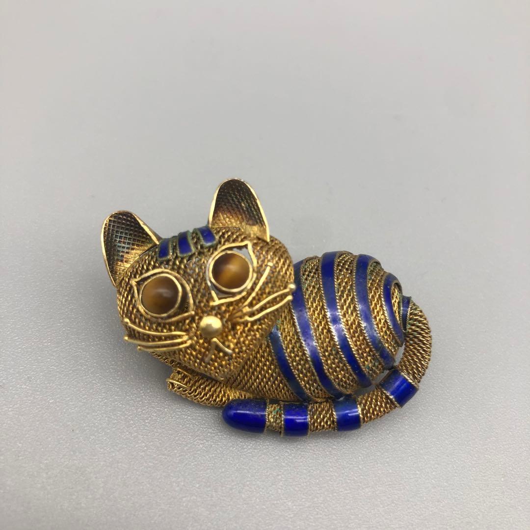 中国骨董品ゴールドメッキブルーエナメルメッシュタイガーアイキャット猫ピンブローチ
