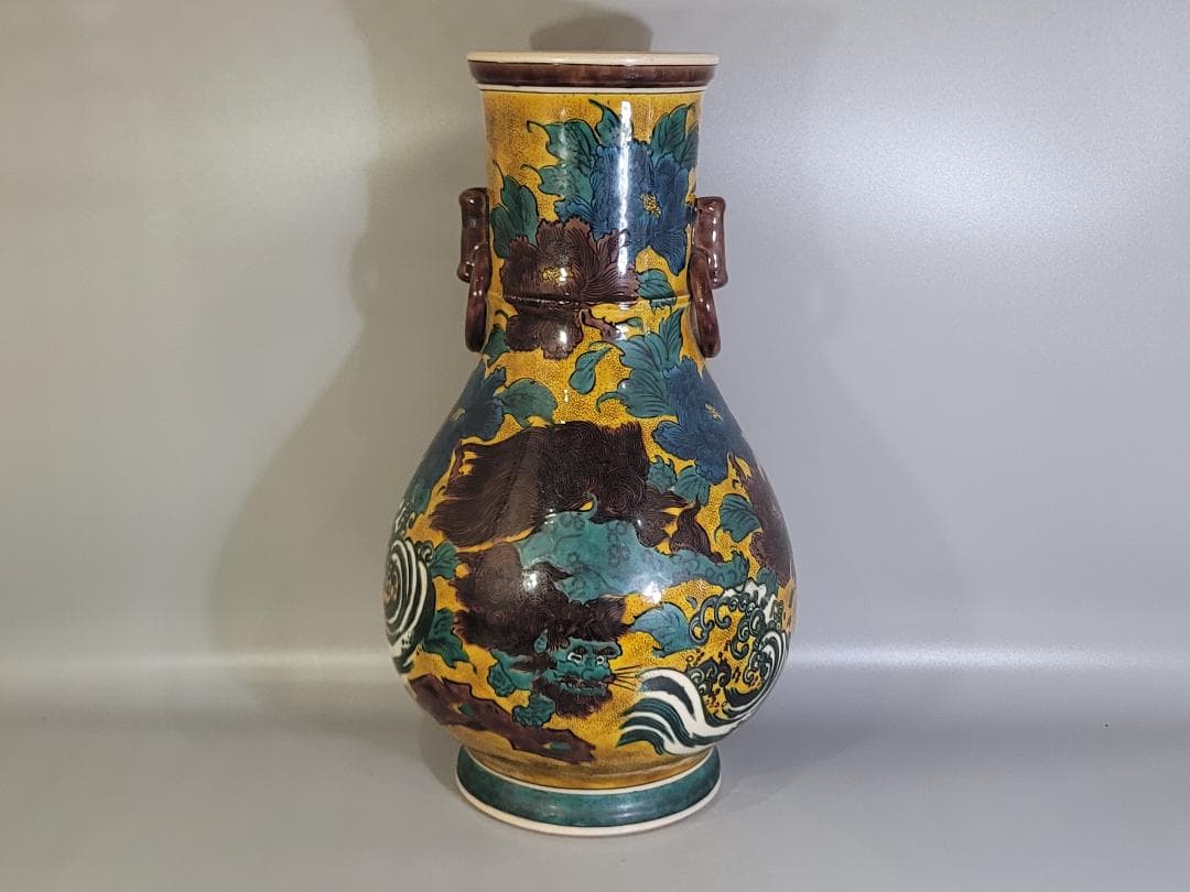 九谷 獅子牡丹 大きい花瓶 時代物