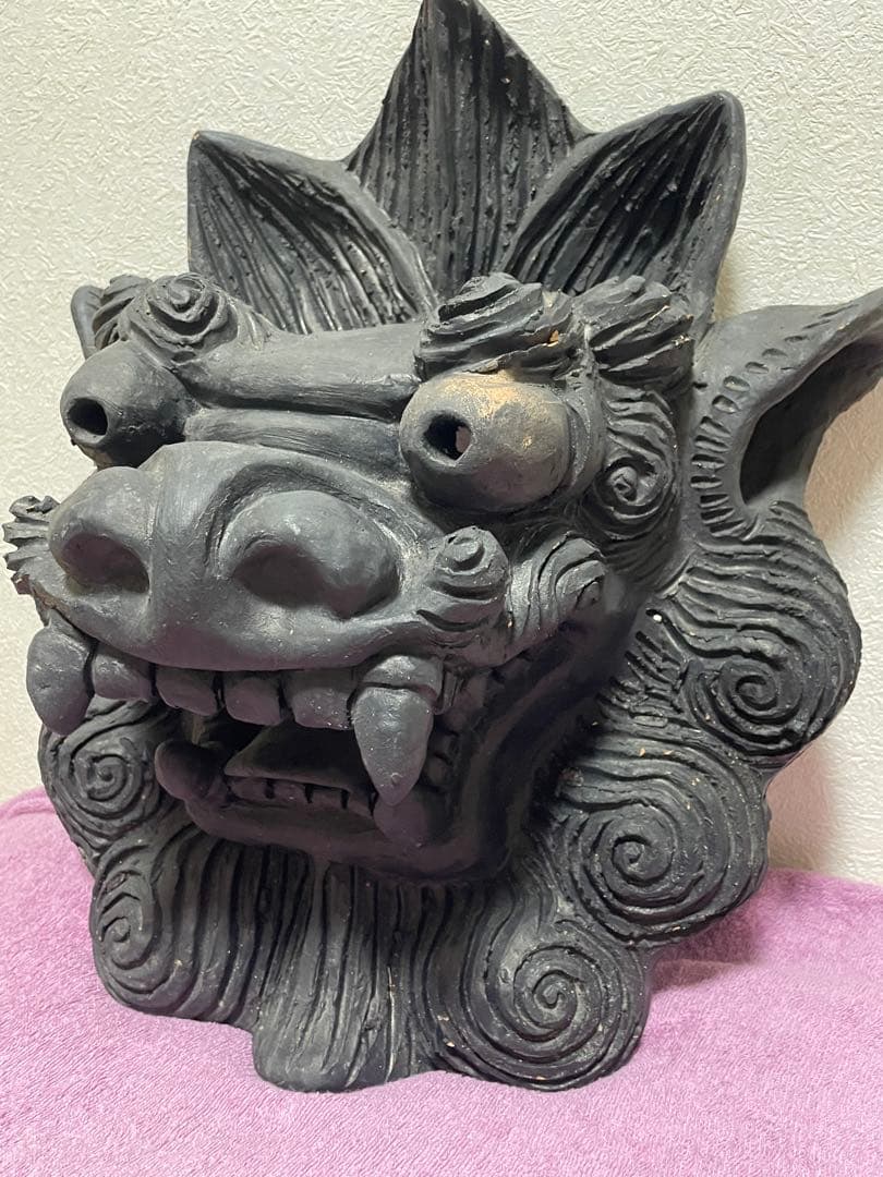 名工　島常賀　面シーサー　燻　壺屋焼