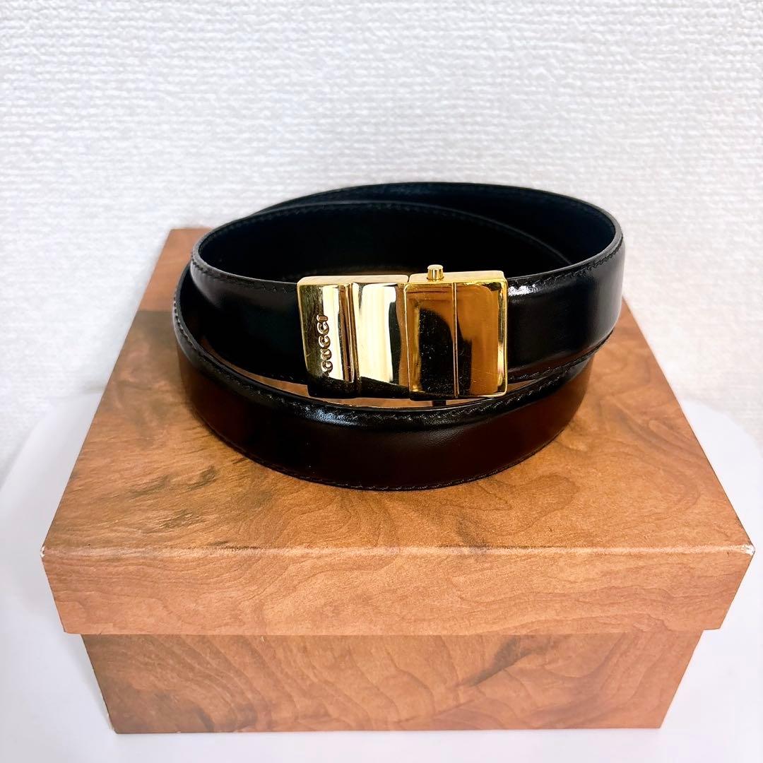 GUCCI グッチ レザー 本革 ベルト ゴールドバックル ブラック イタリア製
