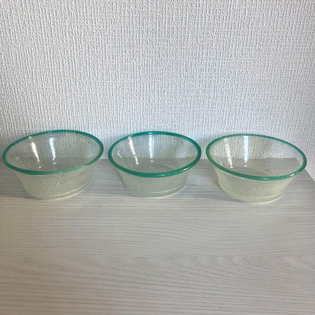 甲*】様 【倉敷ガラス】小谷眞三 翠フチ泡中鉢3点セット