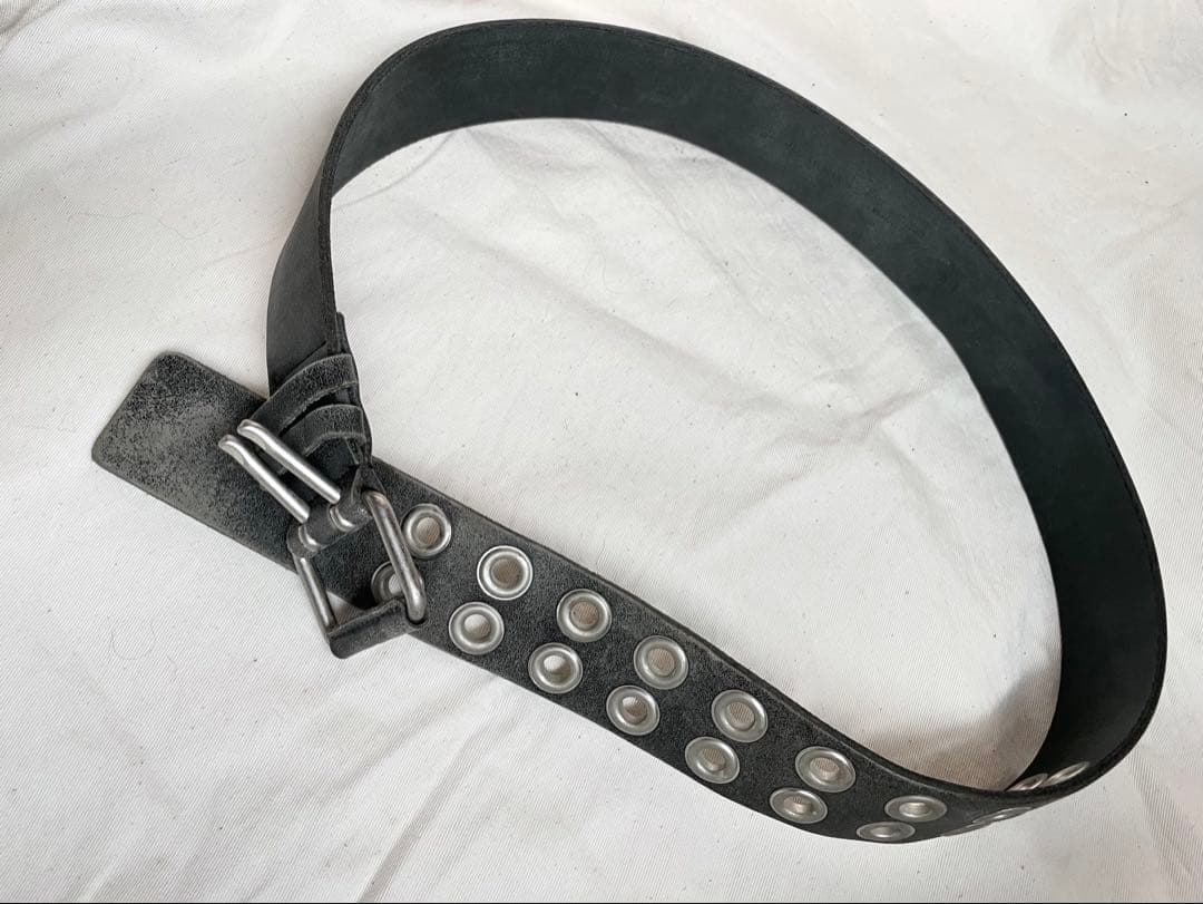 Y’s ワイズ レザーベルト ダブルピン 黒 極厚 used加工 ヨージヤマモト