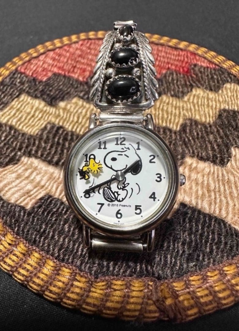 ナバホ族RB作オニキスシルバー腕時計　スヌーピー腕時計　インディアンジュエリー