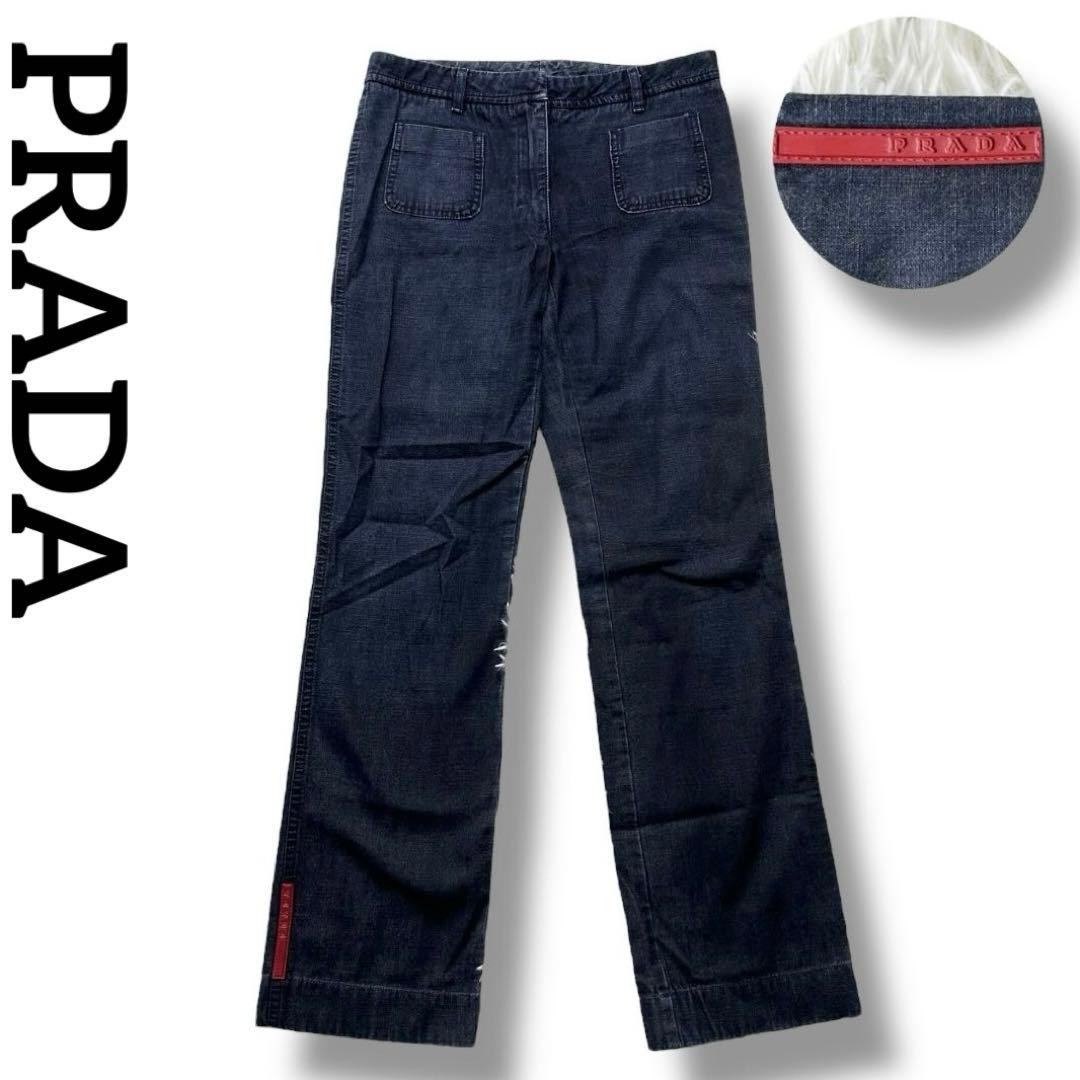 良品 PRADA デニム パンツ ボトム ブーツカット メンズ ロゴ 40 人気