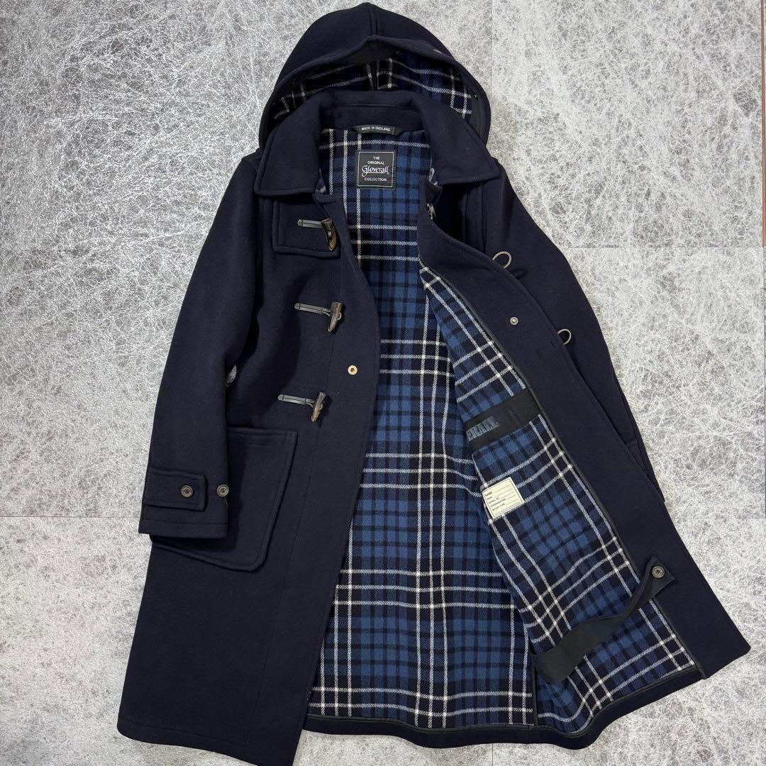美品 グローバーオール ELIZA ロングダッフルコート 裏地チェック 44 紺