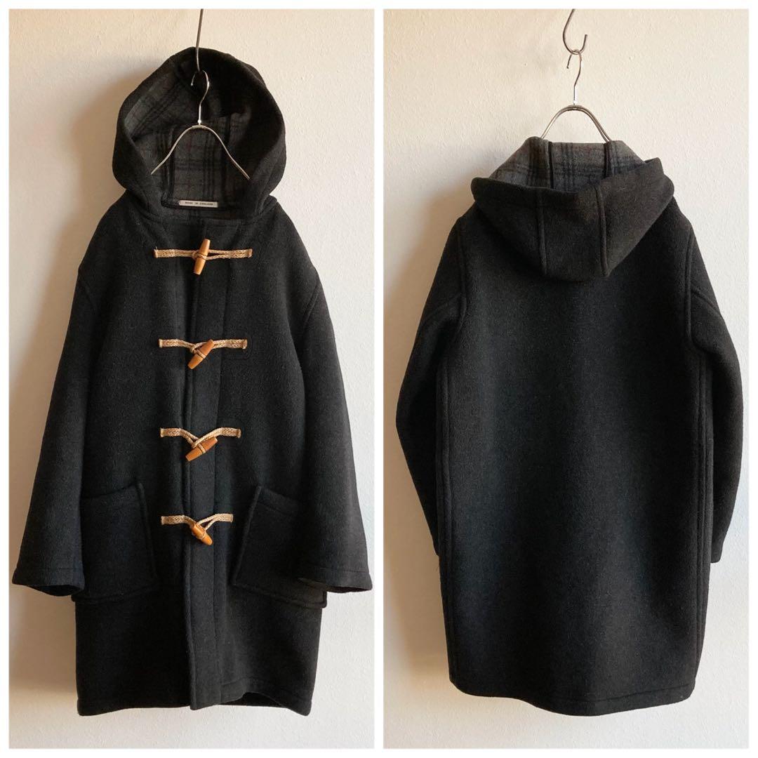 ビンテージ 英国製 ウール メルトン 裏チェック ロング ダッフルコート 36