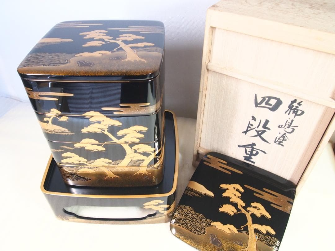 【高級・良品】輪島塗 五島屋謹製 光甫作 松島蒔絵 四段重箱 台付き 山水蒔絵