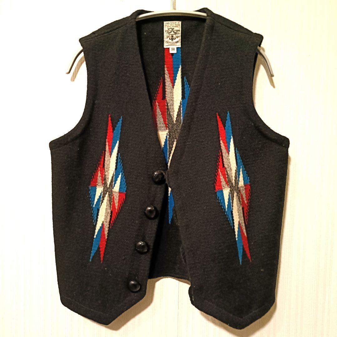 ※美品 オルテガ 100%ウール ベスト 36サイズ ブラック くるみボタン オルテガ チマヨ ベスト 36・100%ウール手織り/CHIMAYO ORTEGA'S HAND