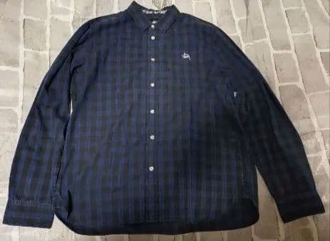 YOU【入手困難】【Stussy】【Lサイズ】【 青✖黒】 長袖チェック オープンカラー チェック シャツ 長袖 カジュアル コットン グリーン