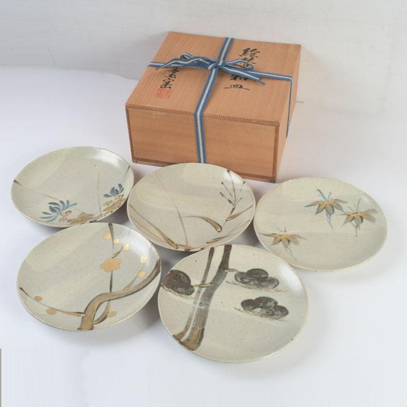 和食器　茶懐石　幸兵衛窯　絵変和皿　銘々皿　五客　共箱　N　9419 幸兵衛窯 絵変わり 銘々皿5枚揃え 未使用品 共箱付き（V4624
