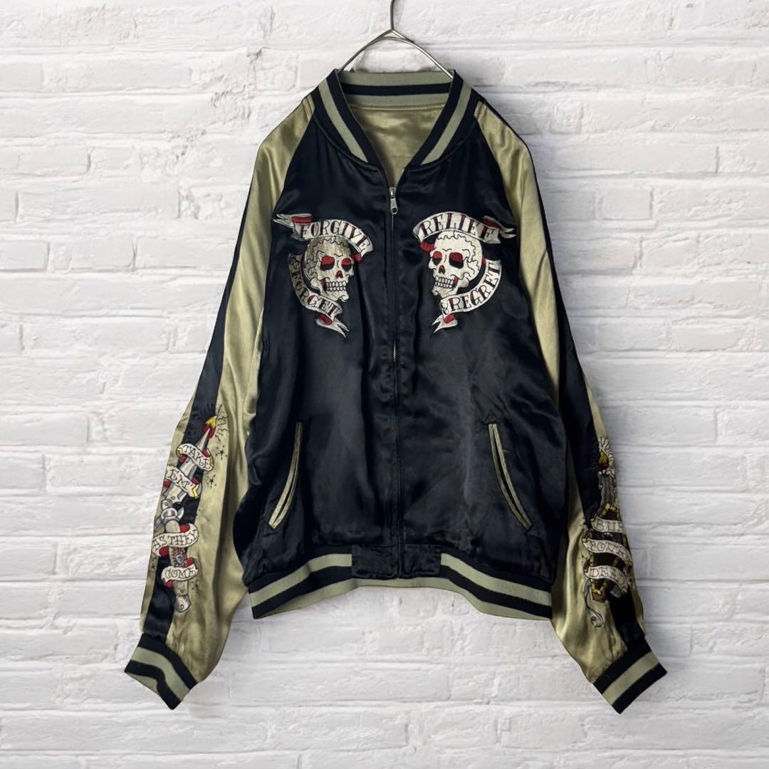 古着　スカジャン　ブルゾン　ジャケット　リバーシブル　スカル　刺繍　黒　金