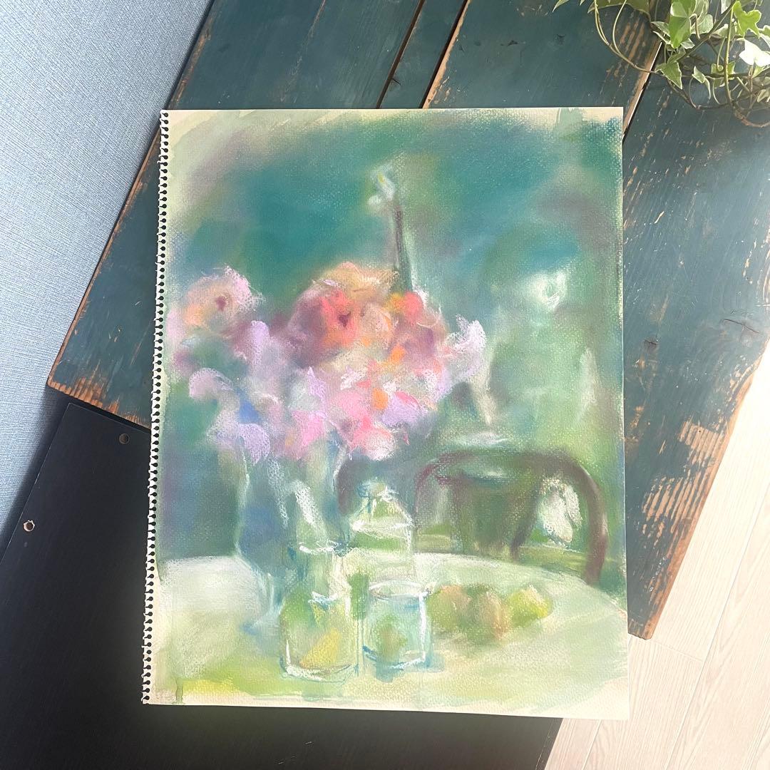 パステル画/癒し/ヒーリング/バイオリンと人形/花