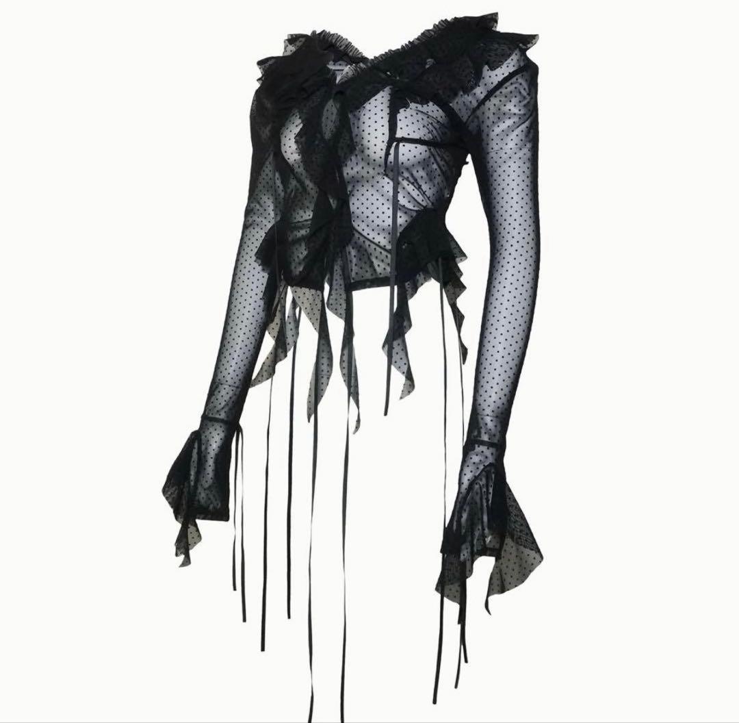 トップス THEREDTHREAD S dot flow frill tops black THEREDTHREAD / ザレッドスレッド】S flow frill tops