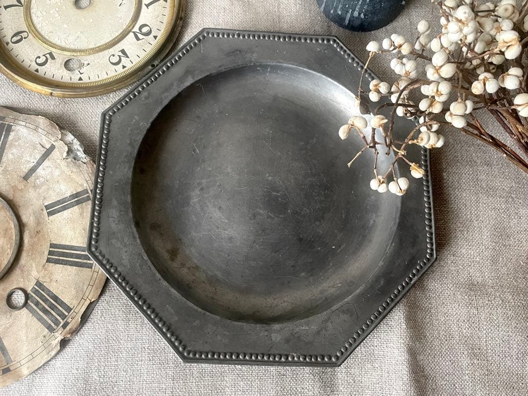 【レア希少】ピューターオクトゴナルプレート エタン フランスアンティーク19世紀 フランス製アンティークピュータープレート 22cm