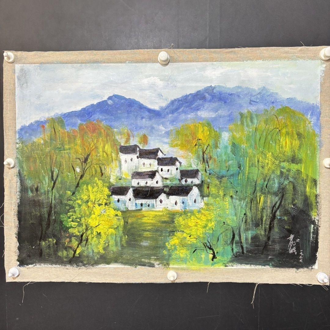 手描き 水彩油画 山水画 林風眠 作品図 中国絵画 約70×100cm 未表装