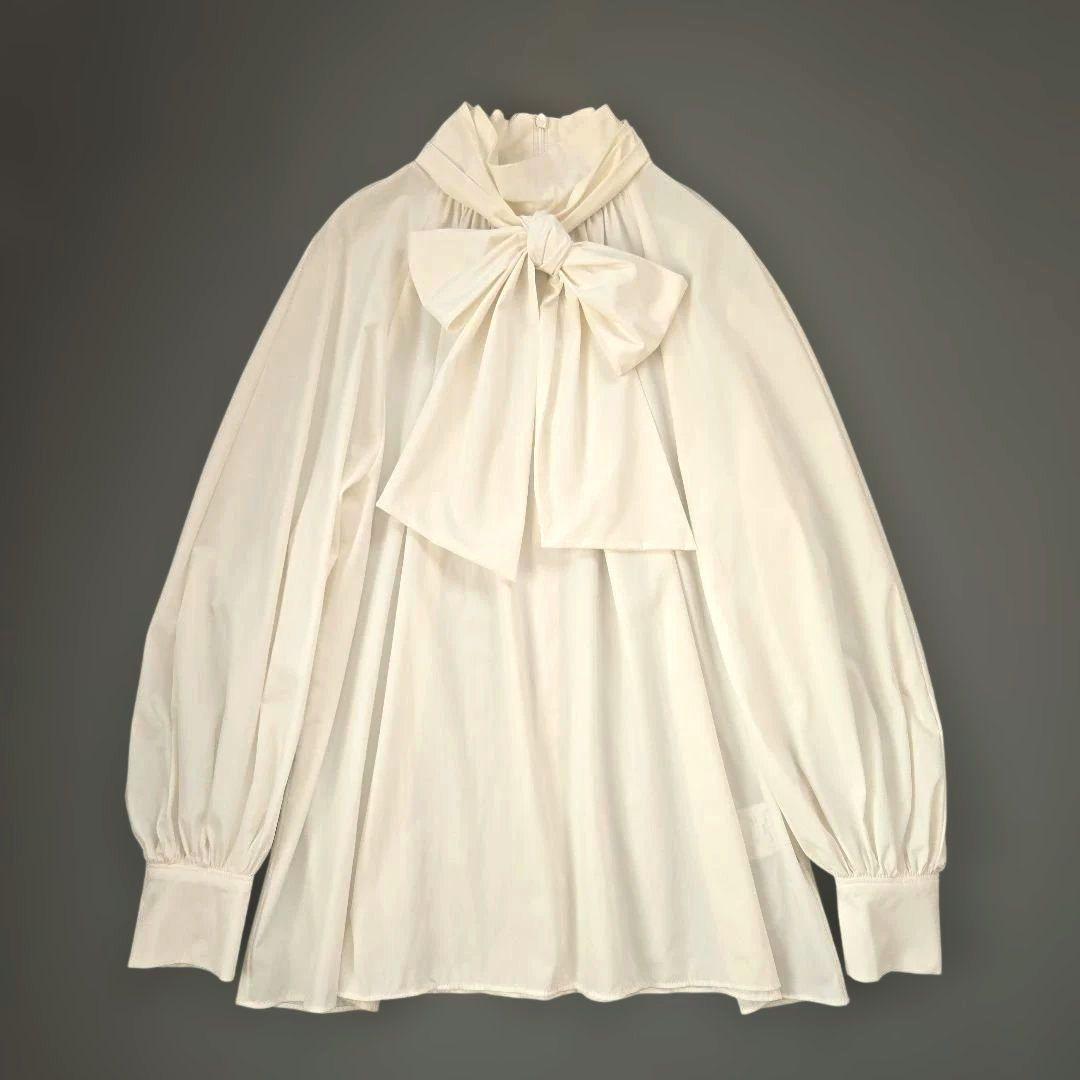 25SS 美品 UNTITLED ボウタイ付スタンドネック ボリュームブラウス