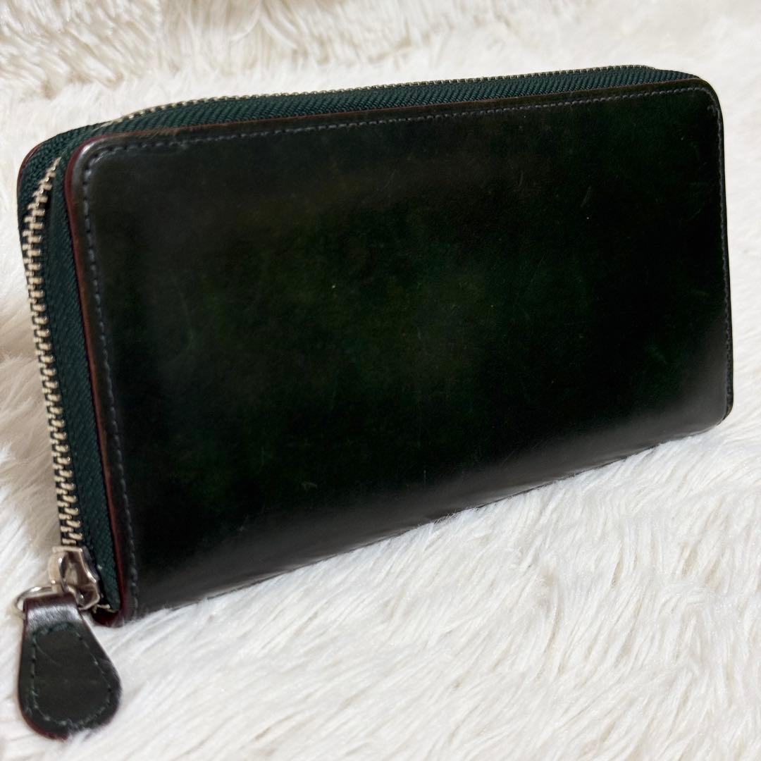 【良品】GANZO コードバン　ラウンドファスナー長財布 ダークグリーン