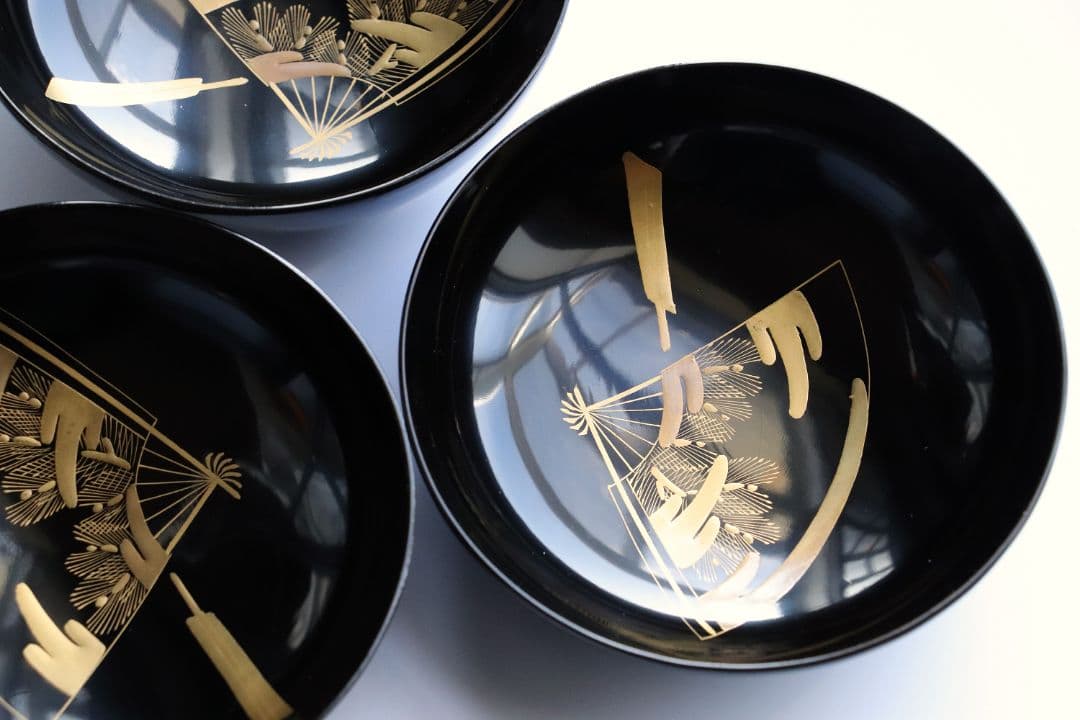 CG54 輪島塗 木製漆器 扇面金蒔絵 黒塗銘々木皿 九客 / 松取皿茶懐石