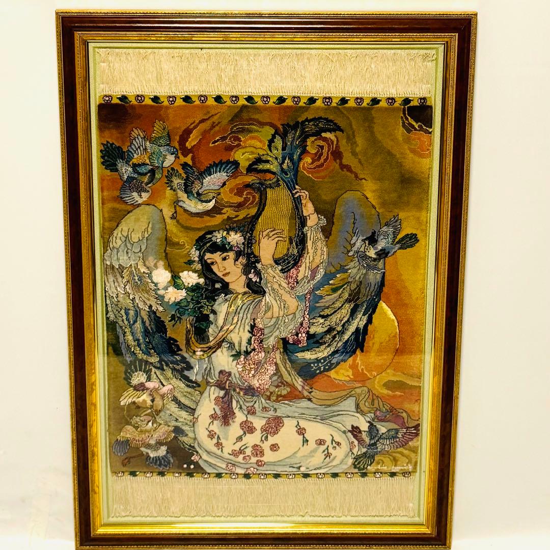 中国美術 手織り シルク 段通 緞通 天女 手織り絨毯 飾り 額付き 骨董