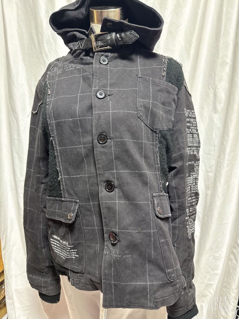 h.naoto黒 チェック柄 ジャケット フード付き