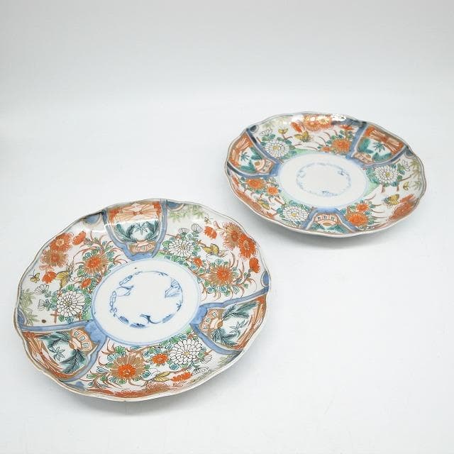 古伊万里　錦手　花尽くし文様　七寸皿　2枚