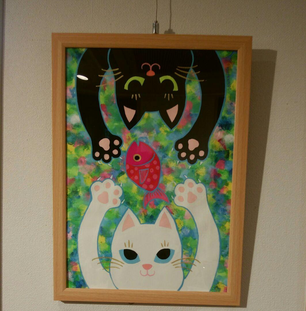 絵画「あたしはしっぽ　ボクはあたま」猫2匹赤魚 絵画「あたしはしっぽ ボクはあたま」猫2匹赤魚 絵画「あたしはしっぽ