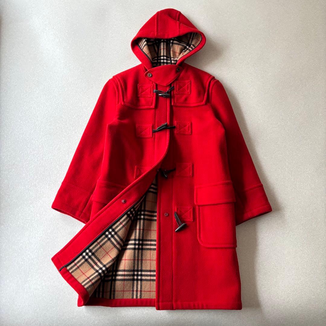 【美品】バーバリー　ウール　ダッフルコート　Ｌ　赤　ノバチェック